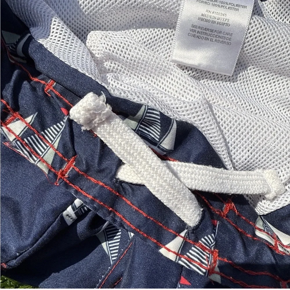 Lily & Dan Boys Swim Trunks 6-7 Sailboat Nautical Mesh Lined Blue Beach Shorts‎